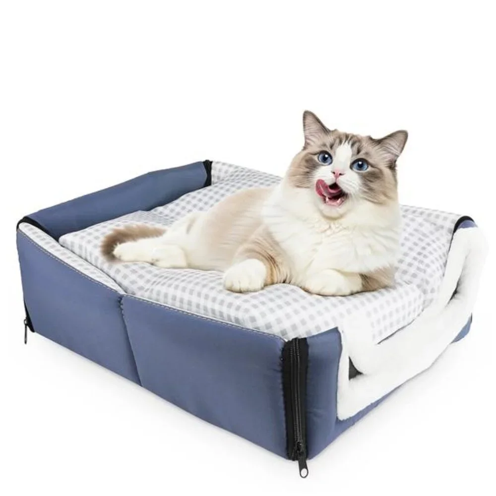 2-in-1 Dog & Cat Bed with Reversible Pillow Soft Warm Cozy Pet House 13.7inch